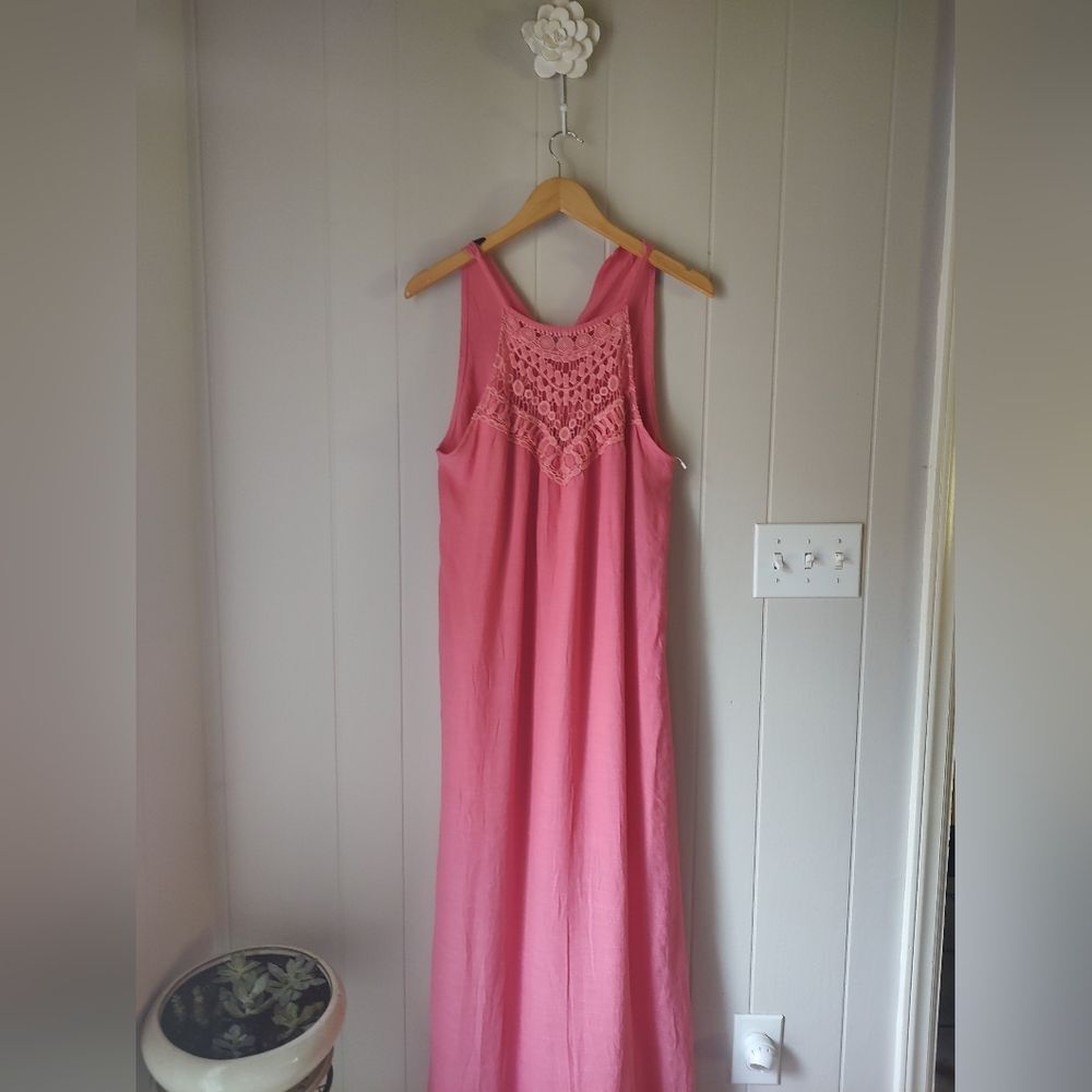 Faroro Pink Salmon Haltar Maxi Dress Macrame Crochet Neckline Large